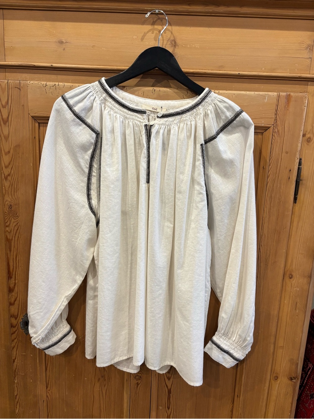 Women's Cream Peasant Blouse with Black Contrast Stitching